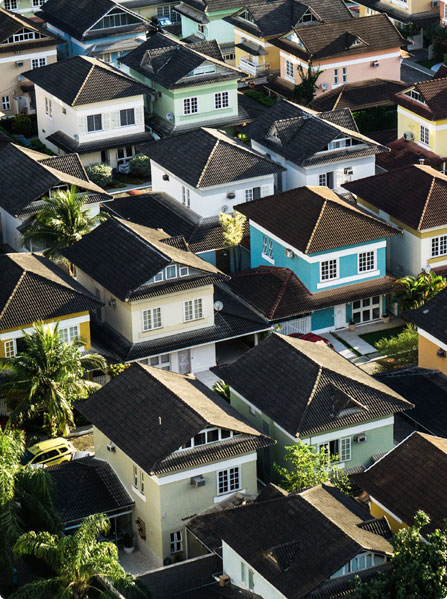 An aerial view of a neighborhood of houses.