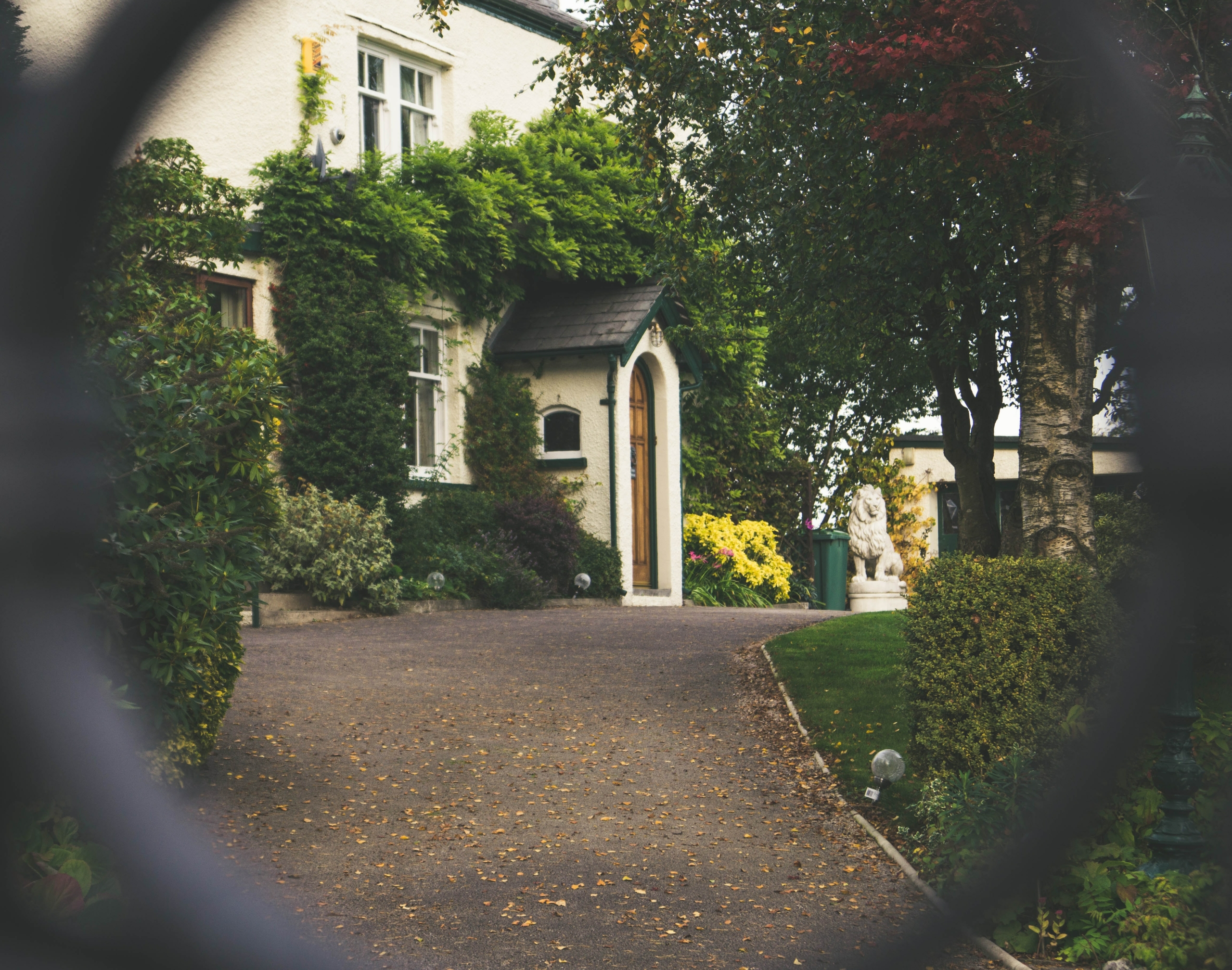 A view of a house through a hole in a fence.