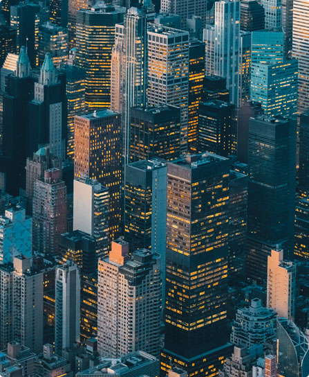 Aerial view of new york city at dusk.