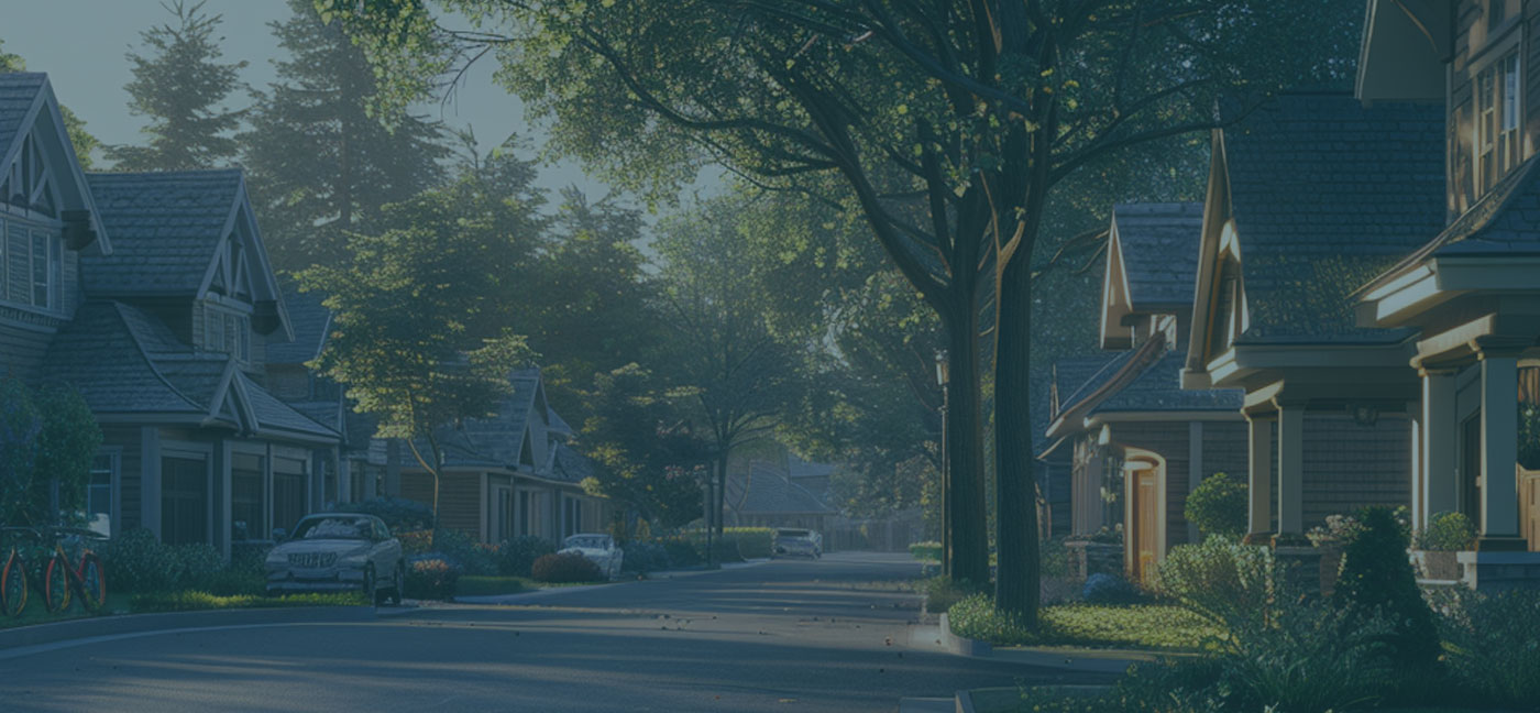 A tranquil suburban street at dusk with homes and parked cars, highlighted by soft street lighting.