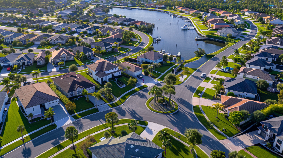 Aerial view of a suburban neighborhood featuring modern houses with well-kept lawns, curving streets, and a central waterway with boat access.